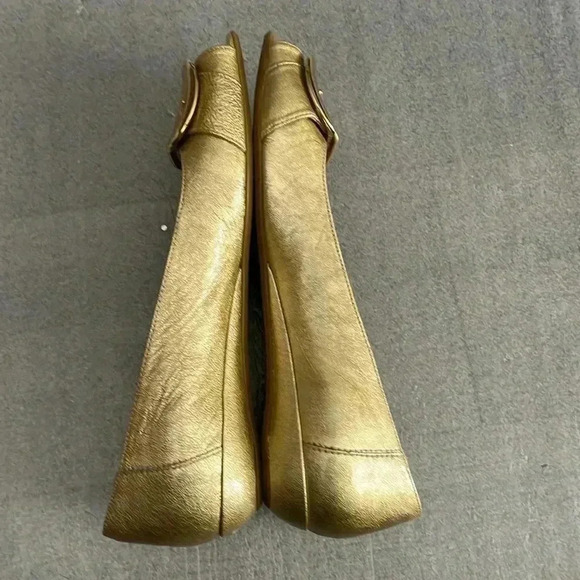 [9]Stuart  Weitzman Gold Buckle Patent Peep Toe Flat - Picture 2 of 9